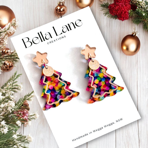 Neon Rose Gold Overlay Christmas Earrings WITH Name disc.