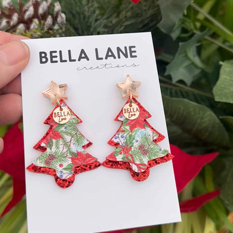 Poinsettia + Red Christmas Tree Earrings