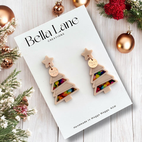 Neon Christmas Lights -Beige Base Mini Christmas Tree Panel Earrings  WITH Name Disc