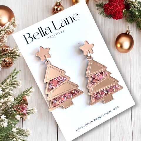 Blush Sparkle Christmas Tree Panel Earrings with out name Disc