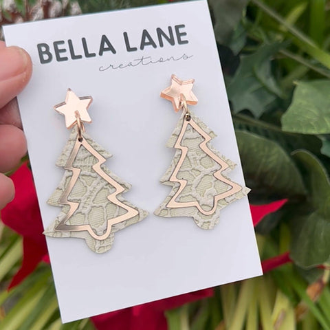 Ivory Lace Rose Gold Overlay Christmas Tree Earrings
