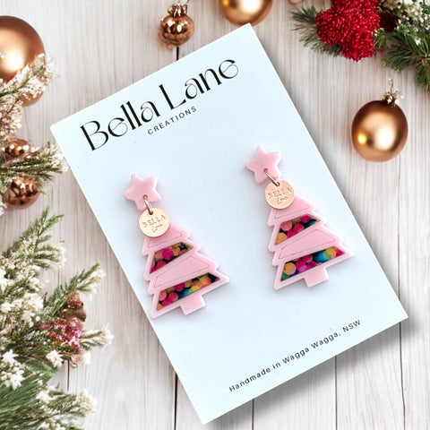 Neon Christmas Lights -Pink Base Mini Christmas Tree Panel Earrings