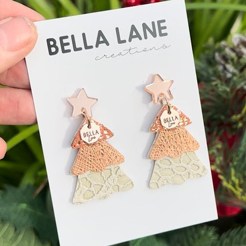 Rose Gold Ivory Lace Christmas Tree Earrings