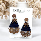 Black Wood Lace + Bow Teardrop Earrings
