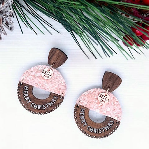 Baby Pink Sparkle Merry Christmas Earrings