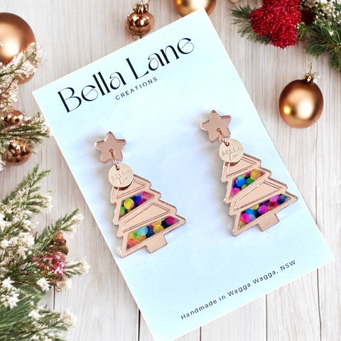 Neon Mini Panel Christmas Tree Earrings with Name Disc