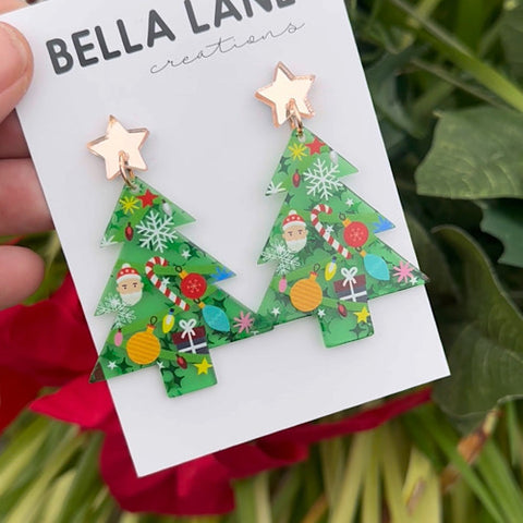 Santa Acrylic Green Christmas Tree Earrings