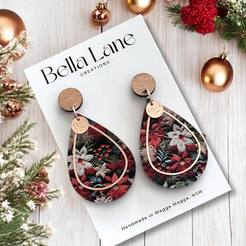 Native Christmas Charm Rose Gold Overlay Teardrop Earrings WITH Name disc.