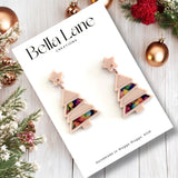 Neon Christmas Lights -Beige Base Mini Christmas Tree Panel Earrings  WITH Name Disc