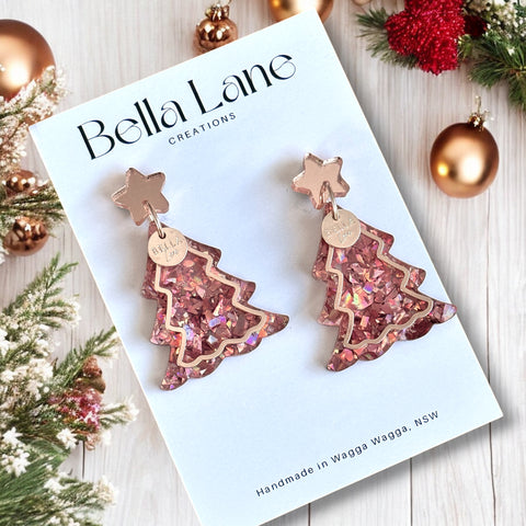 Blush Rose Gold Overlay Christmas Earrings WITH Name disc.