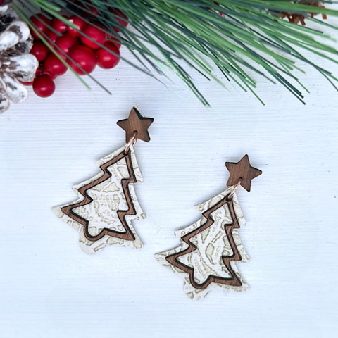 Ivory Timber overlay Christmas Earrings