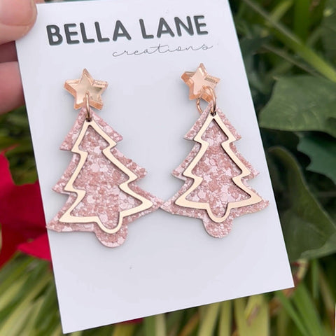 Baby Pink Sparkle Rose Gold Overlay Christmas Tree Earrings