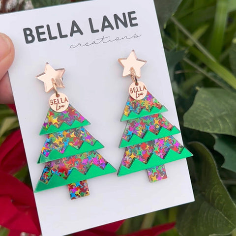 Green Multi Sparkling Acrylic Christmas Tree Earrings