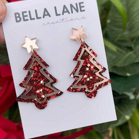 Red + Gold Star Sparkle Rose Gold Overlay Christmas Tree Earrings