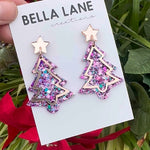 Purple Multi Sparkle Rose Gold Christmas Tree Earrings