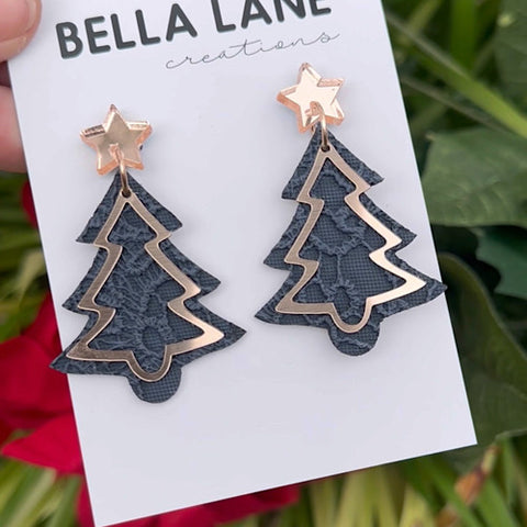 Navy Lace Rose Gold Overlay Christmas Tree Earrings