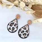 White Fur Leopard + Black Teardrop Earrings