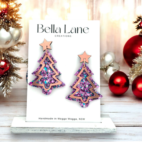 Purple Multi Sparkle Rose Gold Christmas Tree Earrings