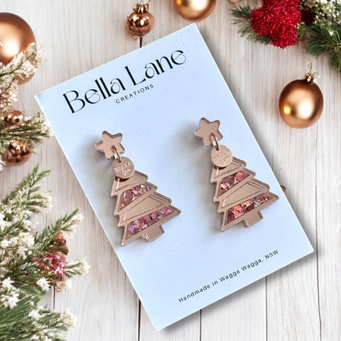 Blush Sparkle Mini Christmas Tree Panel Earrings  WITH Name Disc