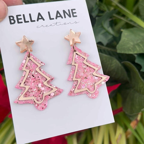 Pink + Rose Gold Sparkle Overlay Christmas Earrings