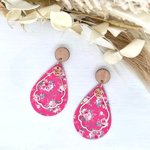 Hot Pink Floral Wavy Teardrop Earrings