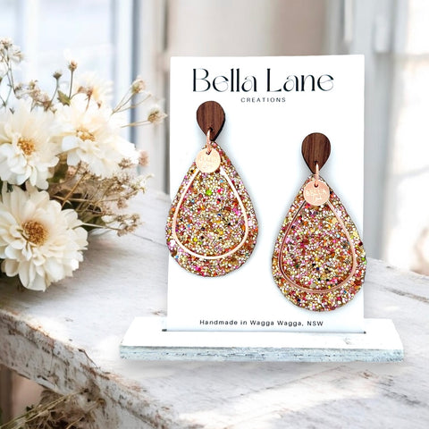 Rose Gold Rainbow Sprinkle Teardrop Earrings