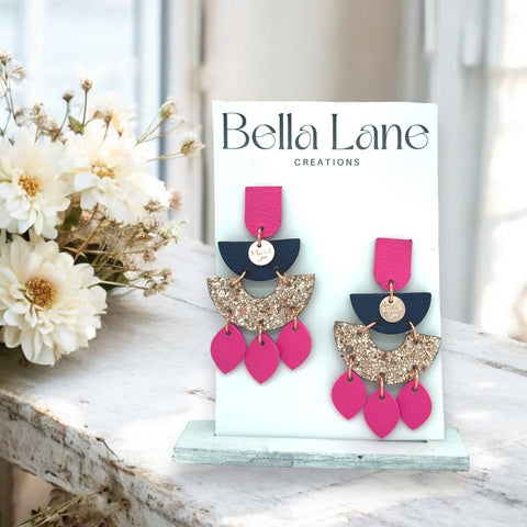 Hot Pink, Navy + Rose Gold Dangle Earrings