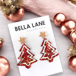 Red + Gold Star Sparkle Rose Gold Overlay Christmas Tree Earrings