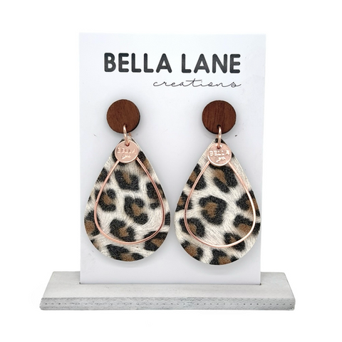 White Fur Leopard Teardrop Earrings