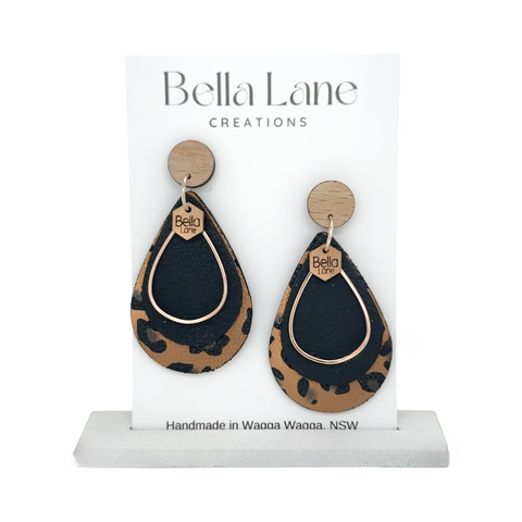 Caramel Leopard + Black Rose Gold +Timber Teardrop Earrings