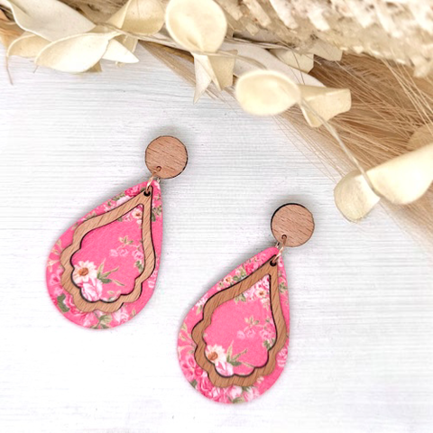 Pink Floral Wavy Timber Earrings