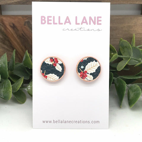 Holly Christmas 18mm Rose Gold Studs