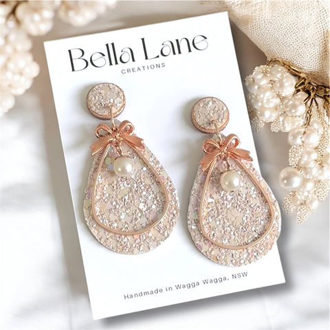 Nude Sparkle Bows + Pearl Teardrop Earrings