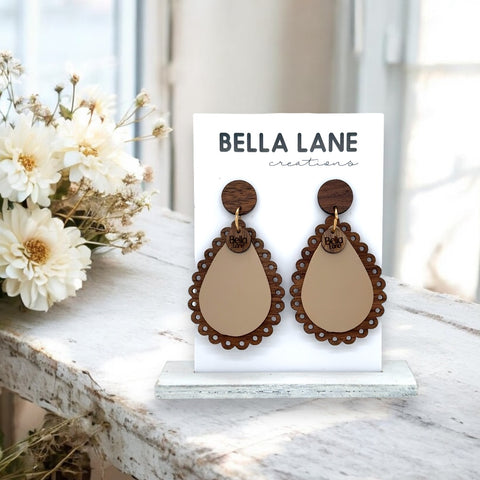 Beige Scalloped Timber Teardrop Earrings