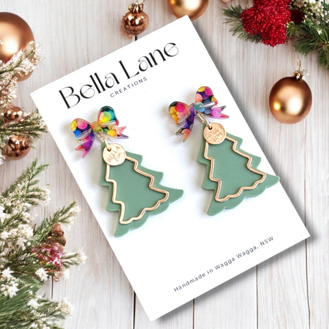 Festive Sage Bow Dangle Earrings