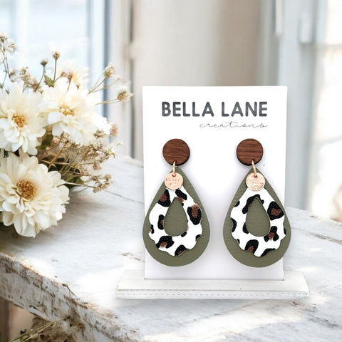 White Leopard + Khaki Teardrop Earrings