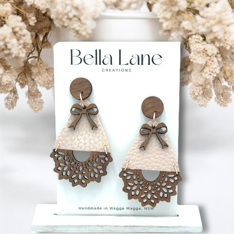 Cream Beige Wood Lace + Bow Teardrop Earrings