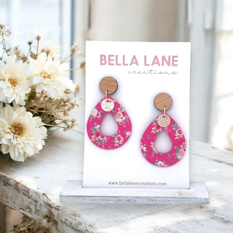 Hot Pink Floral Mini Embossed Teardrop Earrings