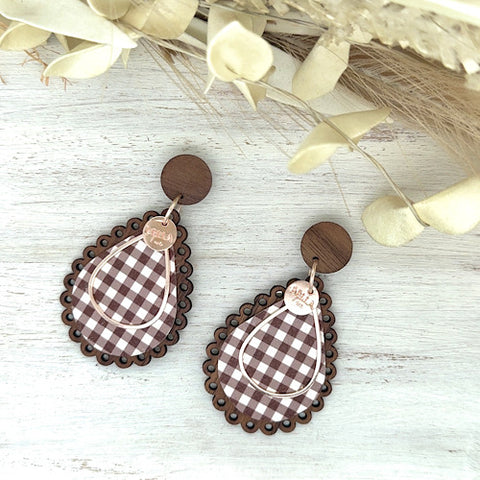 Chocolate Gingham Scalloped Timber Earrings