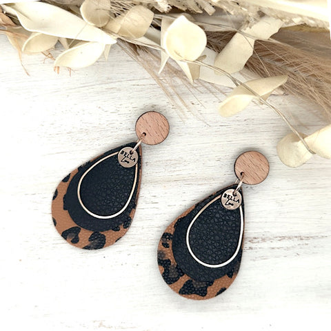 Mocha Leopard + Black Teardrop Earrings