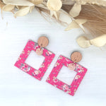 Hot Pink Floral Square Embossed Earrings