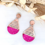 Hot Pink Sparkle Rose Gold Daisy Earrings