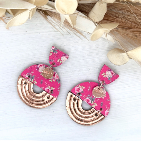 Hot Pink Floral + Rose Gold Embossed Luna Earrings