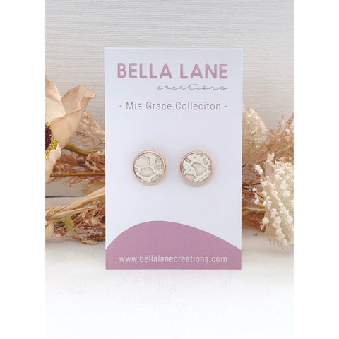 Light Gray Ivory Lace Rose Gold Stud Earrings