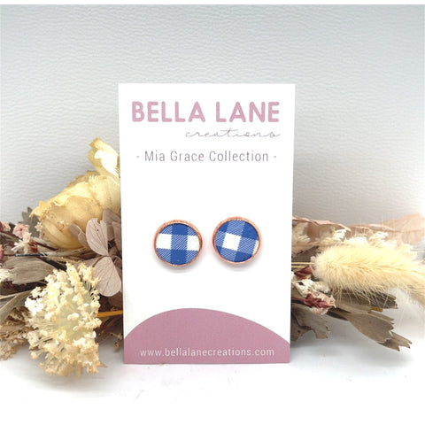 Blue Gingham Rose Gold Stud Earrings