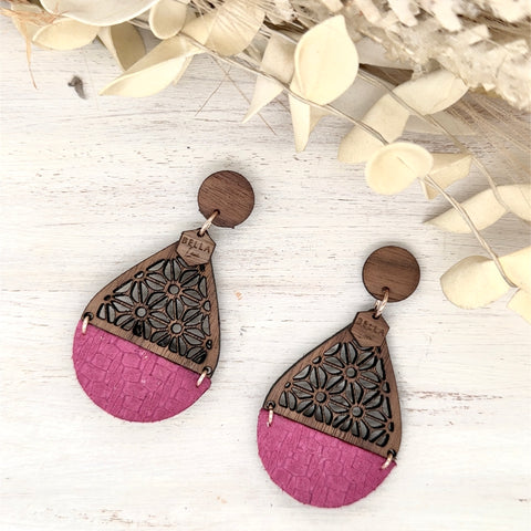 Hot Pink Daisy Timber Earrings