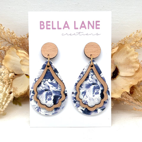 Blue Floral Wavy Timber Earrings