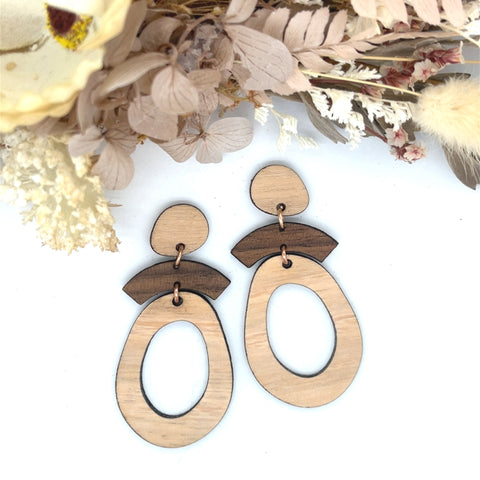 Two Tone Timber Oval Cut out Earrings