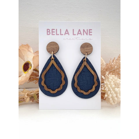 Light Gray Navy Weave Timber Teardrop Earrings - Dark