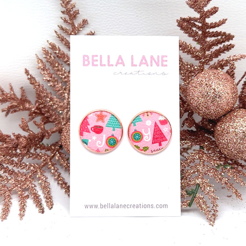 Pink Merry ChristmaS 20mm Rose Gold Stud Earrings